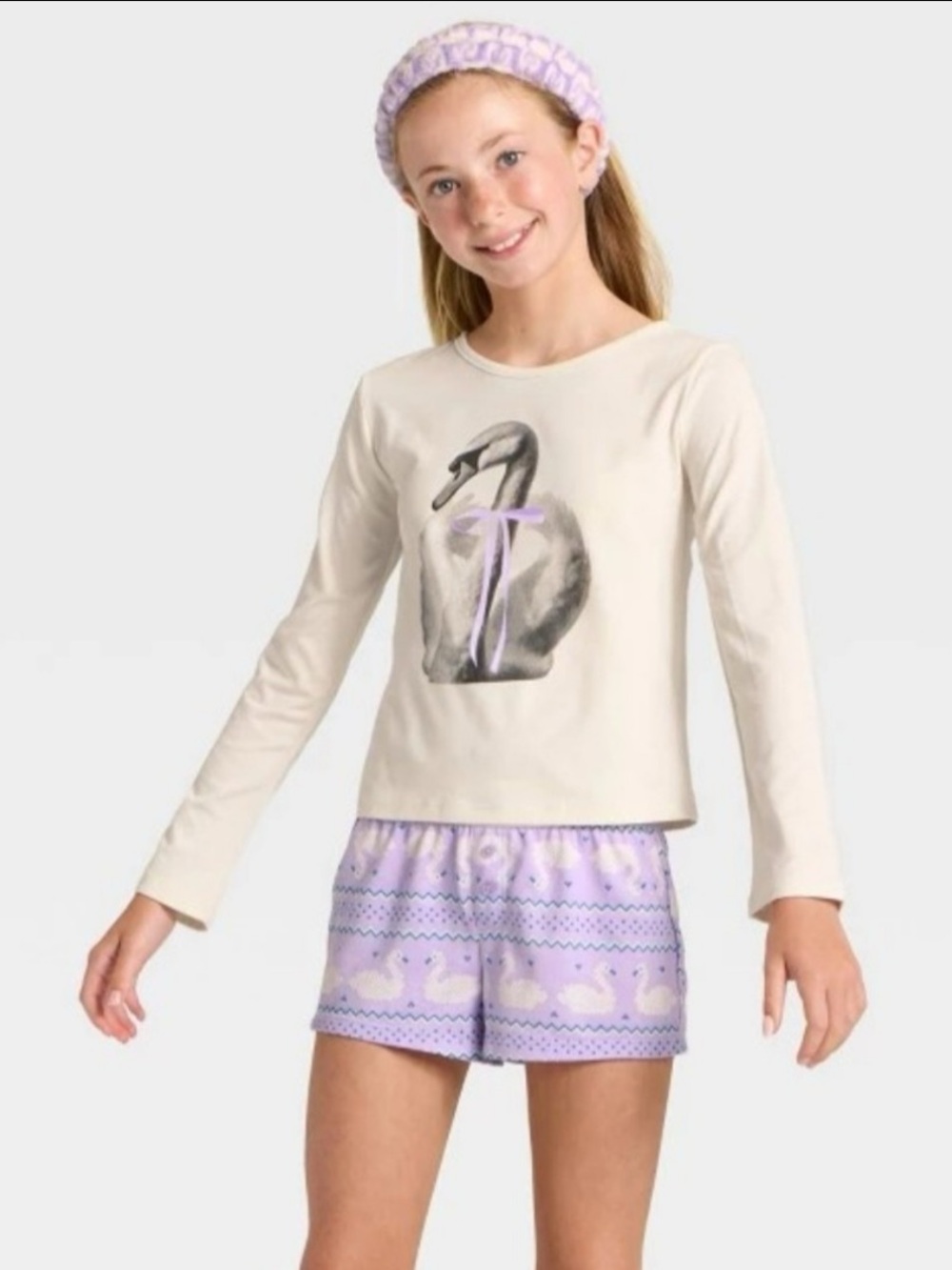 Girls Art Class 3 piece Coquette Swan Bow Purple & Cream Pajama Set with Shorts